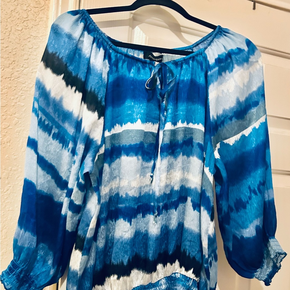 Ashley Stewart Blue Tie-Dye Peasant Tunic